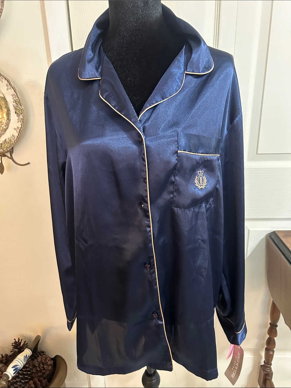 Silky Navy Satin Pajama Top with Contrast Piping by Jones of New York